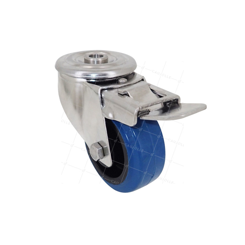 ROULETTE INOX EN CAOUTCHOUC ÉLASTIQUE À OEIL À FREIN DIAMÈTRE 80 MM CHARGE 120 KG À FIXATION DE 12 MM - INOX OEIL 80AF BLEU