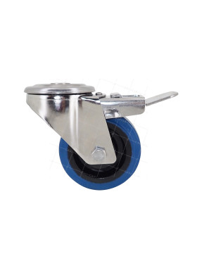 ROULETTE INOX EN CAOUTCHOUC ÉLASTIQUE À OEIL À FREIN DIAMÈTRE 80 MM CHARGE 120 KG À FIXATION DE 12 MM - INOX OEIL 80AF BLEU