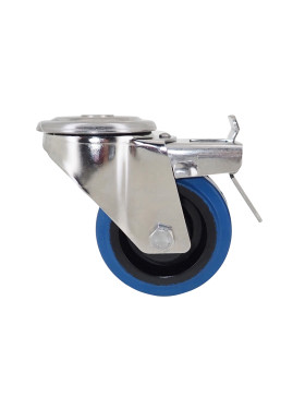 ROULETTE INOX EN CAOUTCHOUC ÉLASTIQUE À OEIL À FREIN DIAMÈTRE 80 MM CHARGE 120 KG À FIXATION DE 12 MM - INOX OEIL 80AF BLEU