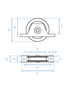 ROUE DE PORTAIL À ENCASTRER À GORGE RONDE DIAMÈTRE 100 MM POUR RAIL ROND DE 16 MM CHARGE 370 KG - MTSPE GR100