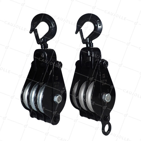 PAIRE DE MOUFLE DE LEVAGE POUR CORDE DE 12 MM MAX DIAMETRE 90 MM CHARGE 500 KG • Caujolle