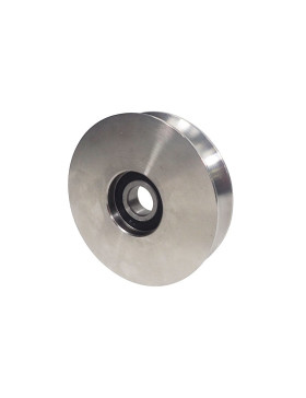 ROUE DE PORTAIL COULISSANT A GORGE RONDE EN INOX DIAMETRE 100 MM POUR RAIL ROND DE 20 MM CHARGE 300 KG AXE 14MM - GAGR 100 INOX