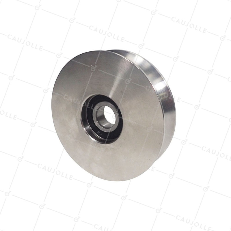 ROUE DE PORTAIL COULISSANT A GORGE RONDE EN INOX DIAMETRE 100 MM POUR RAIL ROND DE 20 MM CHARGE 300 KG AXE 14MM - GAGR 100 INOX
