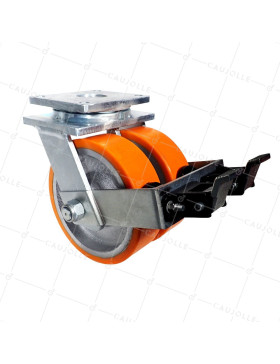Castor SWIVEL CASTOR WITH BRAKE IN POLYURETHANE CAST IRON DIAMETER 250 MM LOAD 3600 KG - STEC DOUBLE 250P WITH BRAKE • Caujolle