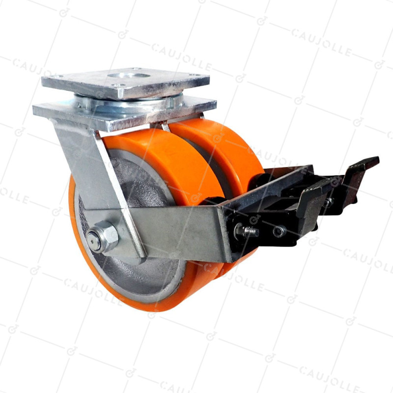 ROULETTE PIVOTANTE A FREIN EN FONTE POLYURÉTHANE DIAMÈTRE 250 MM CHARGE 3600 KG - STEC DOUBLE 250P A FREIN