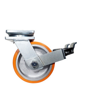 Castor SWIVEL CASTOR WITH BRAKE IN POLYURETHANE CAST IRON DIAMETER 250 MM LOAD 3600 KG - STEC DOUBLE 250P WITH BRAKE