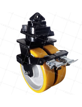 ROULETTE DE CONTAINER DIAMETRE 305 MM CHARGE 3000 KG - DOUBLE ROUE ORANGE PU • Caujolle