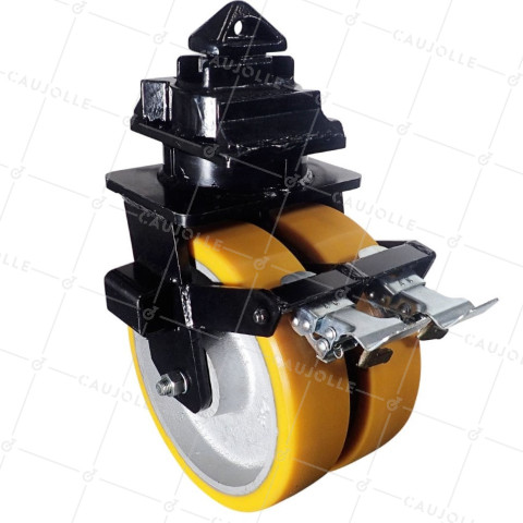 ROULETTE DE CONTAINER DIAMETRE 305 MM CHARGE 3000 KG - DOUBLE ROUE ORANGE PU • Caujolle