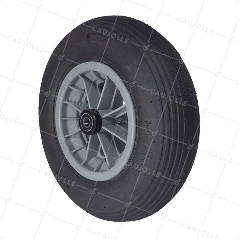 ROUE DE BROUETTE GONFLABLE RENFORCÉE DIAMÈTRE 400 MM CHARGE 150 KG POUR AXE DE 16 MM AVEC ROULEMENT A BILLES - S1006P 400/8 4PR LIGNES R BILLES  16 • Caujolle