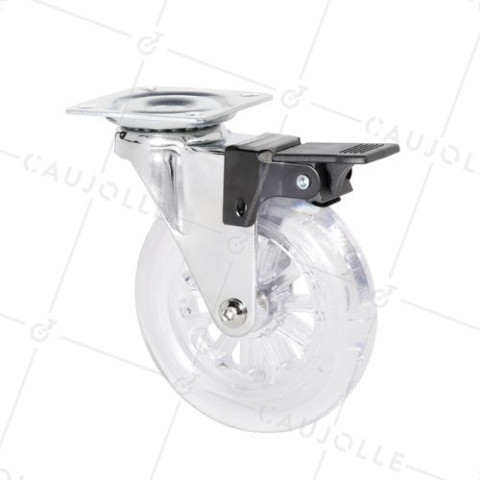 Castor SWIVEL WITH BRAKE TRANSPARENT DESIGN DIAMETER 100 MM LOAD 75 KG - S140TR 100 PAF • Caujolle