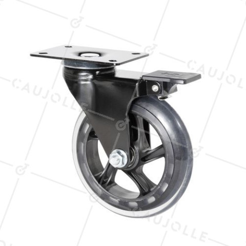ROULETTE TRANSPARENTE À PLATINE AVEC FREIN ROULEMENT À BILLES DIAMÈTRE 125 MM CHARGE 40 KG - BLACKROL 125PAF • Caujolle