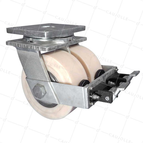 ROULETTE PIVOTANTE A FREIN EN NYLON DIAMÈTRE 250 MM CHARGE 7500 KG - STEC NYLON DOUBLE 250 PAF • Caujolle