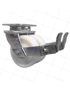SWIVEL CASTOR WITH BRAKE, DOUBLE NYLON WHEELS, 150 MM DIAMETER, 1500 KG LOAD CAPACITY - S78N DOUBLE 150AF • Caujolle