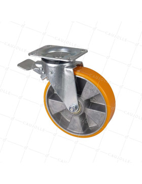 Castor SWIVEL WITH BRAKE IN POLYURETHANE ALUMINUM RIM DIAMETER 200 MM LOAD 300KG - S74AR 200AF • Caujolle