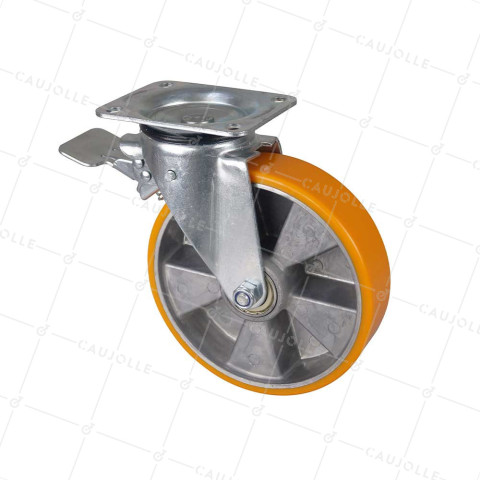 Castor SWIVEL WITH BRAKE IN POLYURETHANE ALUMINUM RIM DIAMETER 200 MM LOAD 300KG - S74AR 200AF • Caujolle