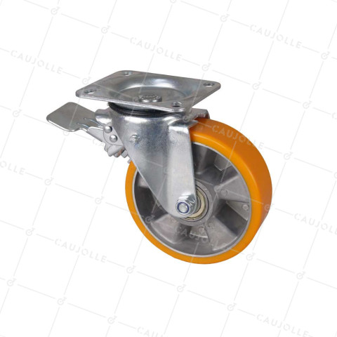 Castor SWIVEL CASTOR WITH BRAKE IN POLYURETHANE ALUMINUM RIM DIAMETER 160 MM LOAD 300KG - S74AR 160AF • Caujolle