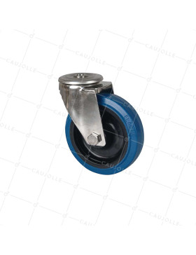 ROULETTE INOX A OEIL EN CAOUTCHOUC ÉLASTIQUE A FREIN DIAMÈTRE 125 MM CHARGE 150 KG - INOX O 125NS BLEU • Caujolle