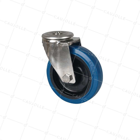 ROULETTE INOX A OEIL EN CAOUTCHOUC ÉLASTIQUE A FREIN DIAMÈTRE 125 MM CHARGE 150 KG - INOX O 125NS BLEU • Caujolle